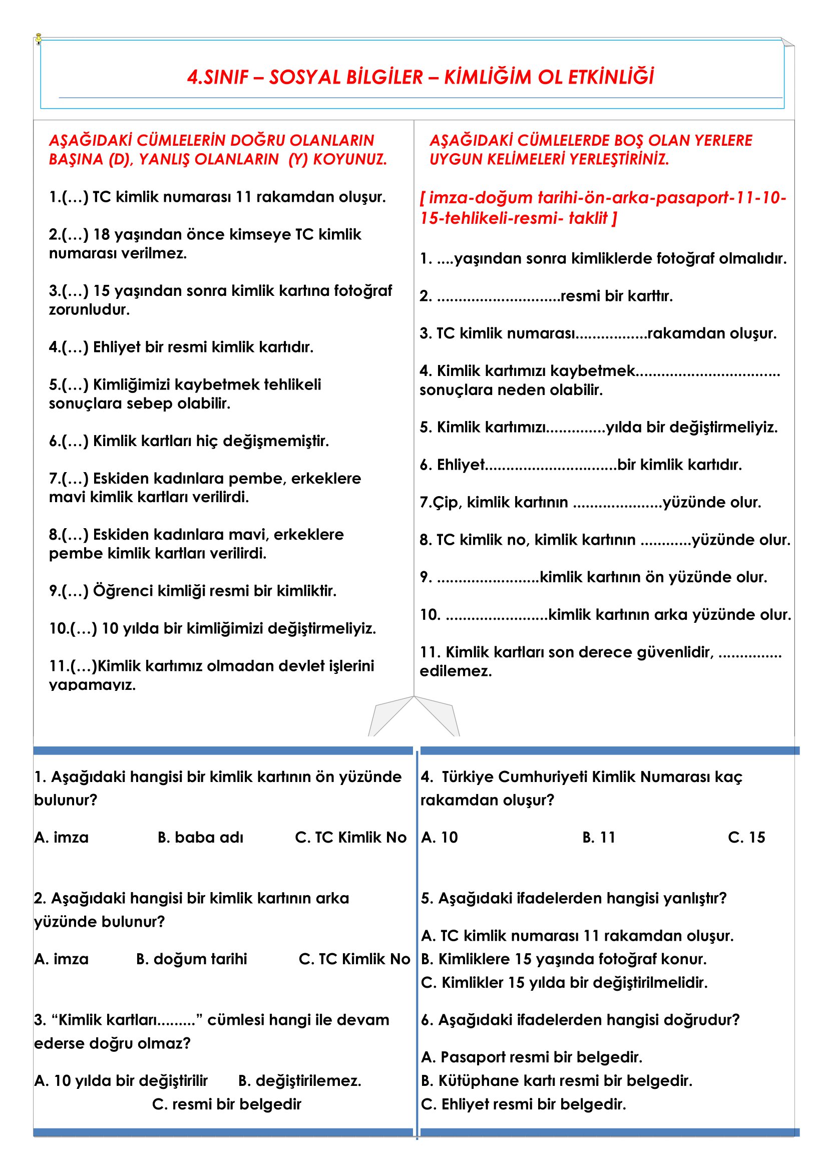 4.Sınıf - Sosyal Bilgiler - Kimliğim Etkinliği