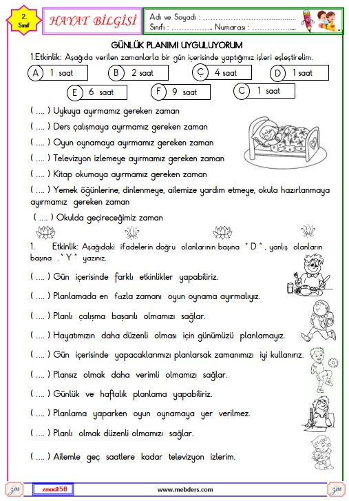 2. Sınıf Hayat Bilgisi Günlük Planımı Uyguluyorum Etkinliği