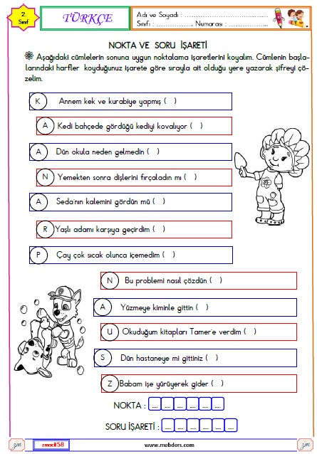 2. Sınıf Türkçe Nokta ve Soru İşareti Etkinliği