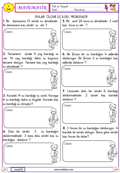 2. Sınıf Matematik Sıvıları Ölçme ile İlgili Problemler Etkinliği 1