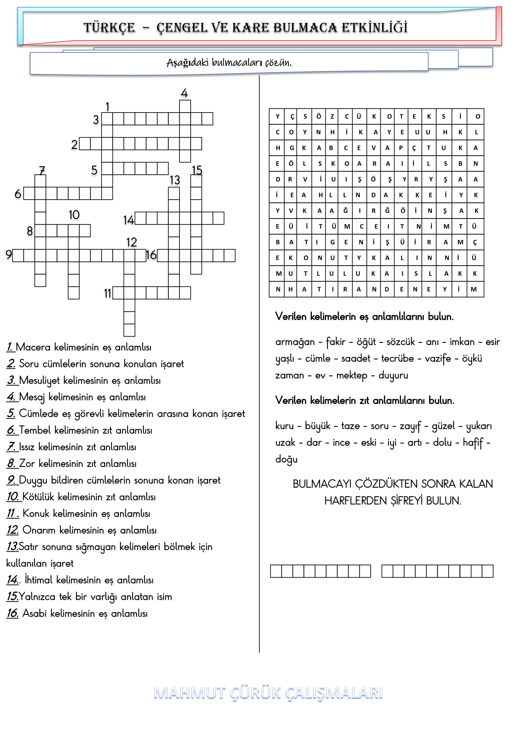 4.Sınıf - Türkçe Çengel ve Kare Bulmaca