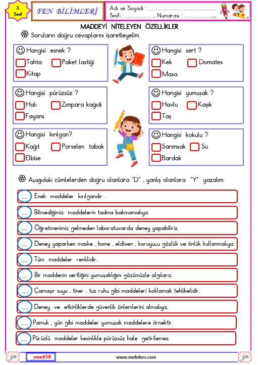 3. Sınıf Fen Bilimleri Maddeyi Niteleyen Özellikler Etkinliği 5