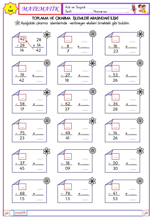 2. Sınıf Matematik Toplama ve Çıkarma İşlemleri Arasındaki İlişki Etkinliği 2