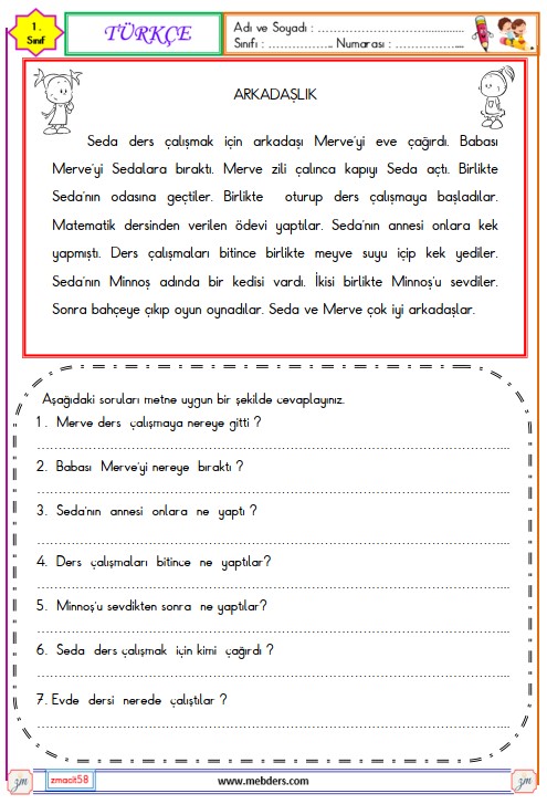 1. Sınıf Türkçe Okuma ve Anlama Metni Etkinliği (Arkadaşlık) 2