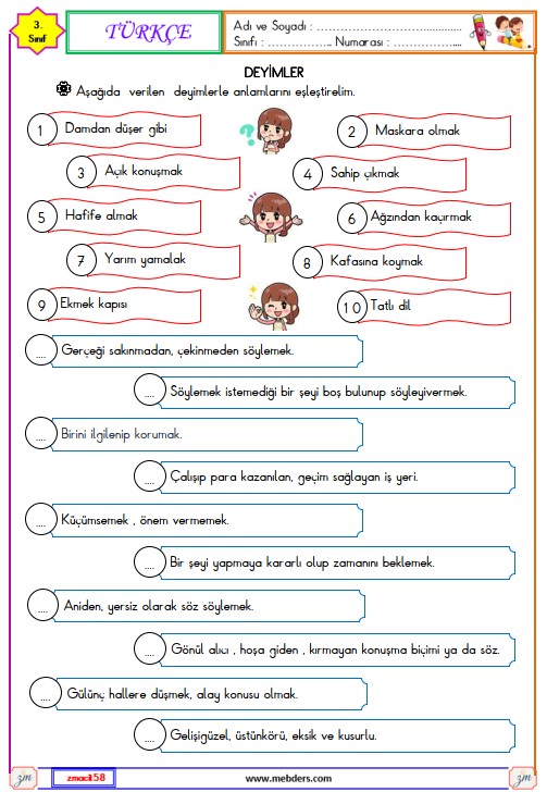 3. Sınıf Türkçe Deyimler Etkinliği 5