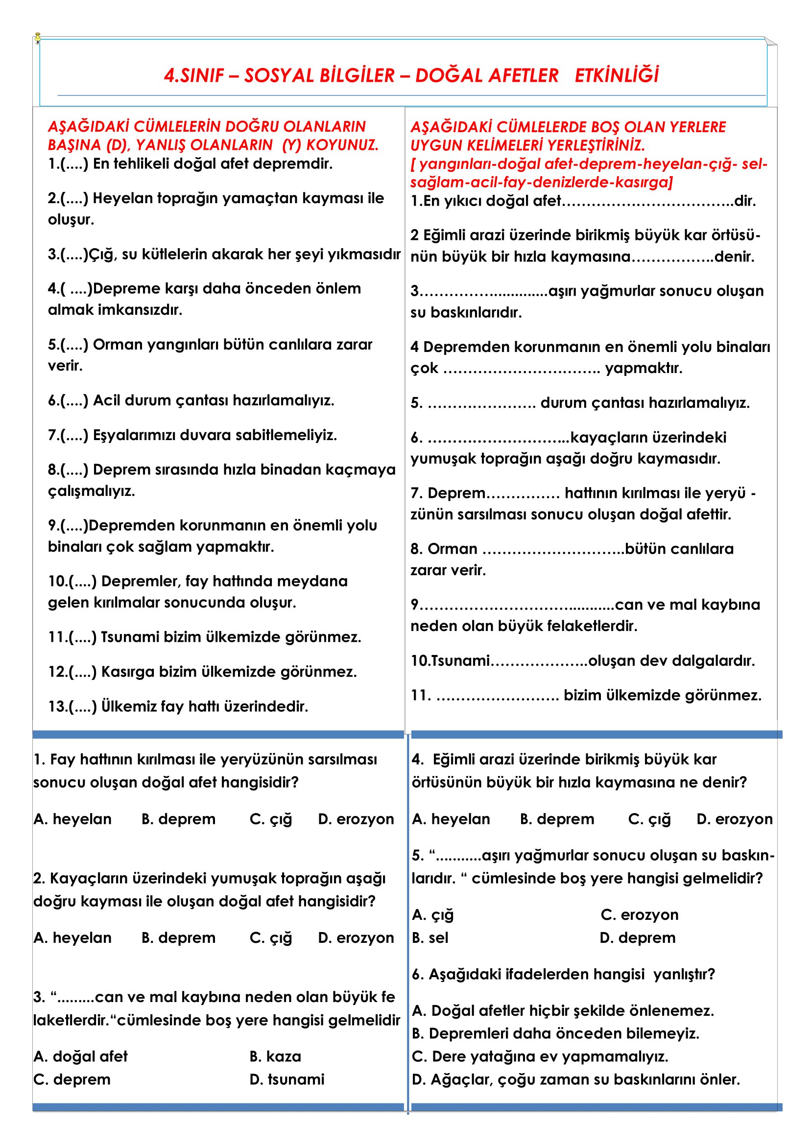 4.Sınıf - Sosyal Bilgiler - Doğal Afetler Etkinliği