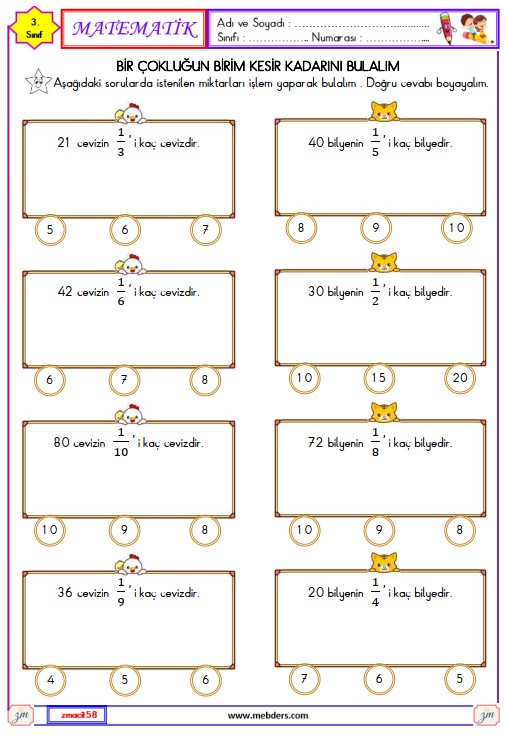 3. Sınıf Matematik Kesirler Etkinliği 22