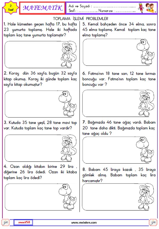 2. Sınıf Matematik Toplama İşlemi Problemleri Etkinliği 1