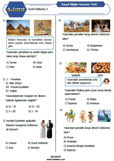 4.Sınıf Sosyal Bilgiler Farklı Kültürler Kazanım Testi 2 ETKİLEŞİMLİ