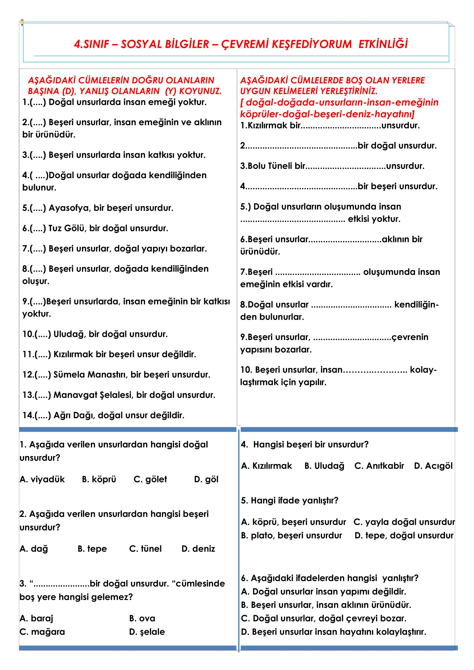 4.Sınıf - Sosyal Bilgiler - Çevremi Keşfediyorum Etkinliği