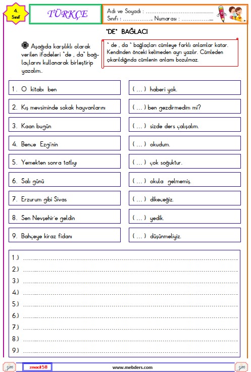 4. Sınıf Türkçe De Bağlacı Etkinliği 5