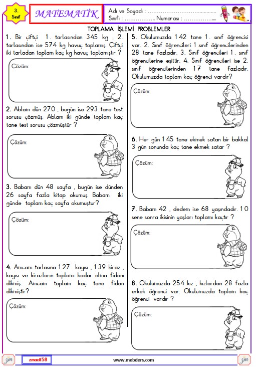 3. Sınıf Matematik Toplama İşlemi Problemler Etkinliği 1