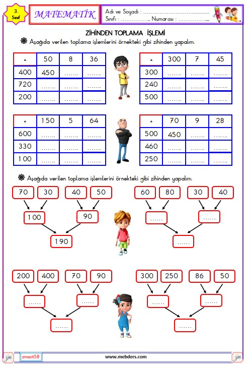 3. Sınıf Matematik Zihinden Toplama İşlemi Etkinliği 3