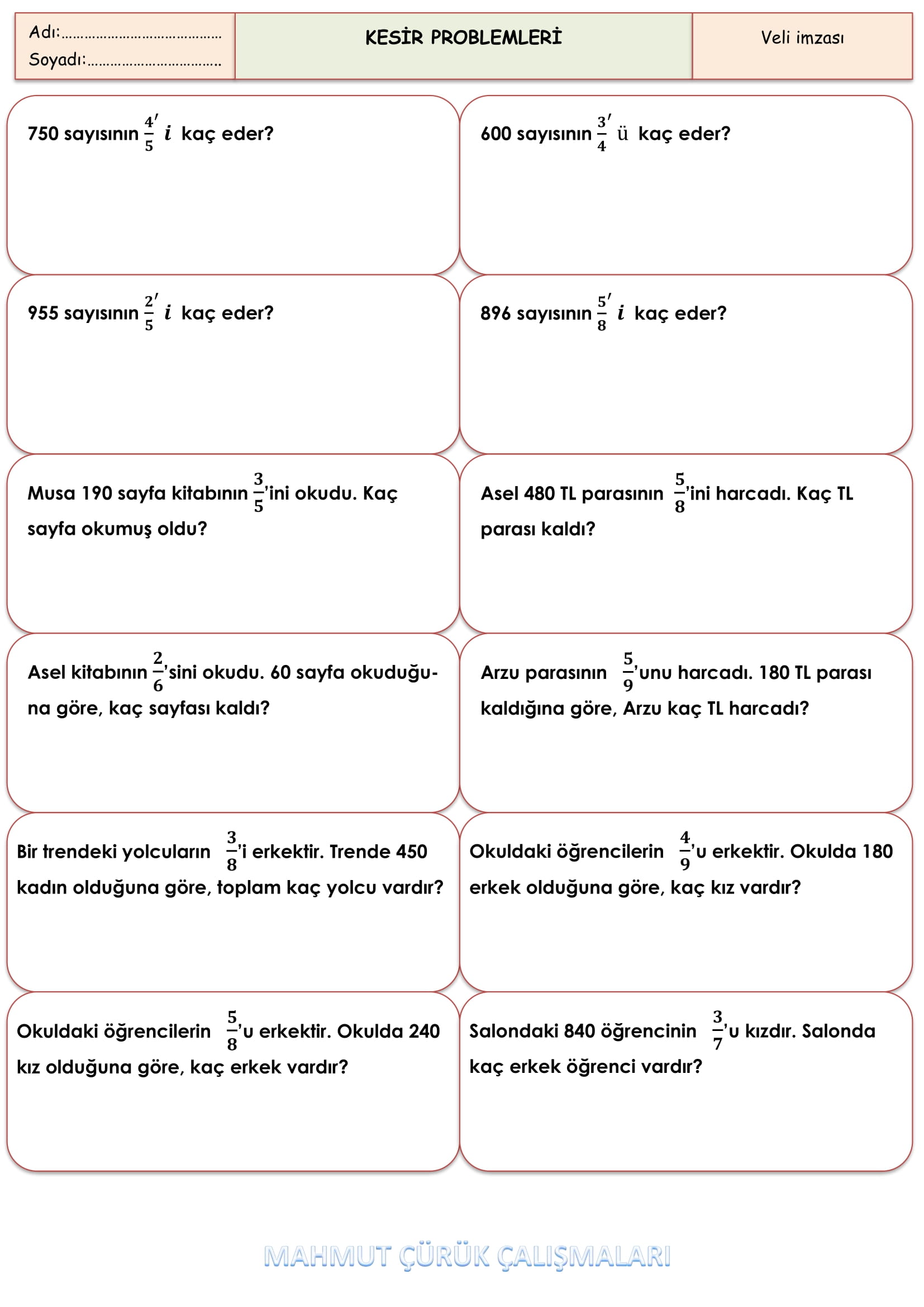 4.Sınıf - Matematik Kesir Problemleri-1