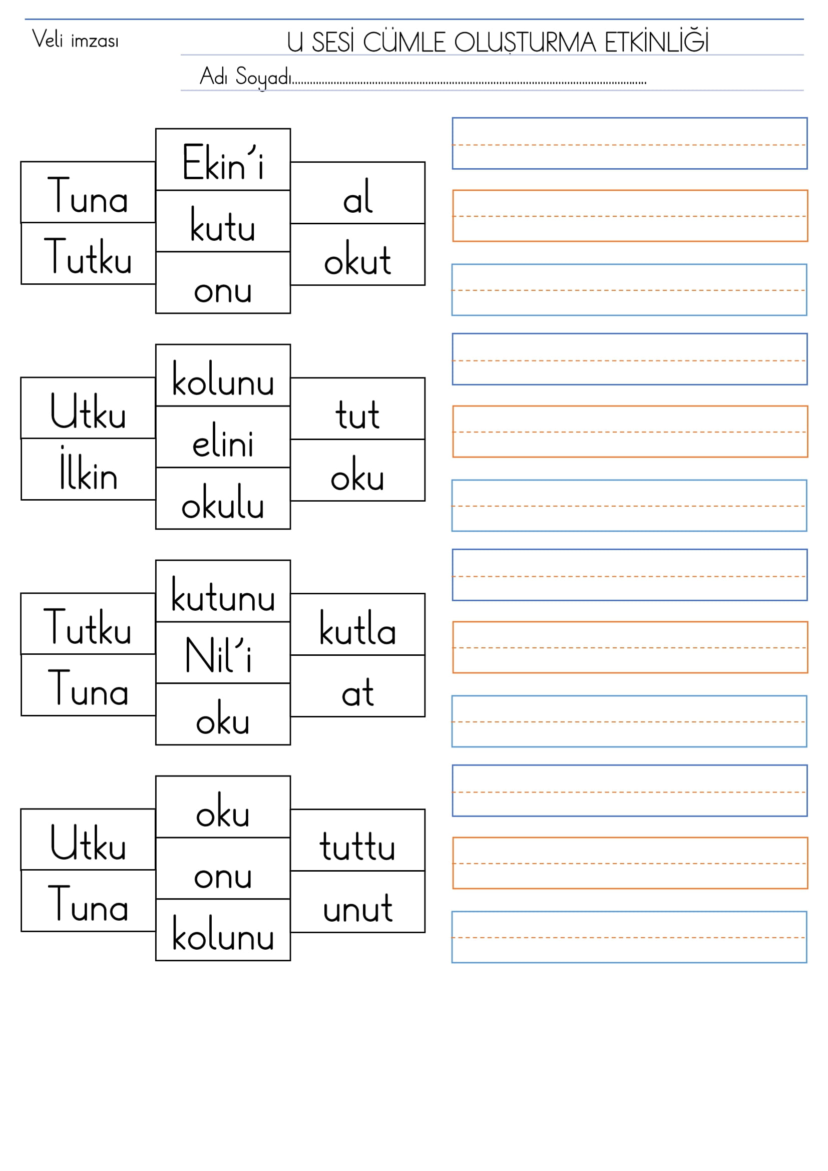 1. Sınıf U Sesi Cümle Oluşturma Etkinliği