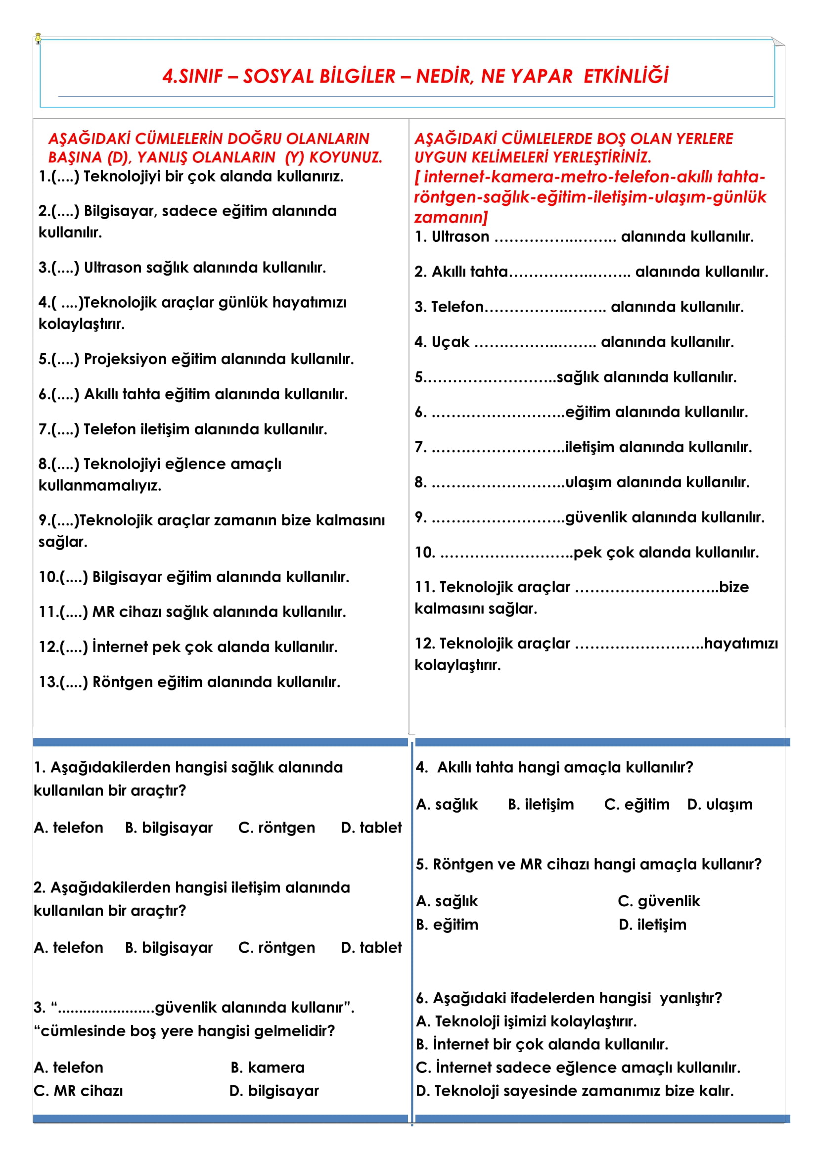 4.Sınıf - Sosyal Bilgiler - Nedir, Ne Yapar Etkinliği