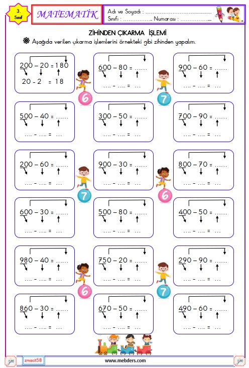 3. Sınıf Matematik Zihinden Çıkarma İşlemi Etkinliği 2