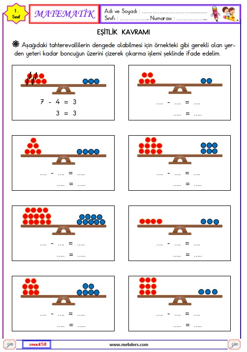 1. Sınıf Matematik Eşitlik Etkinliği 4