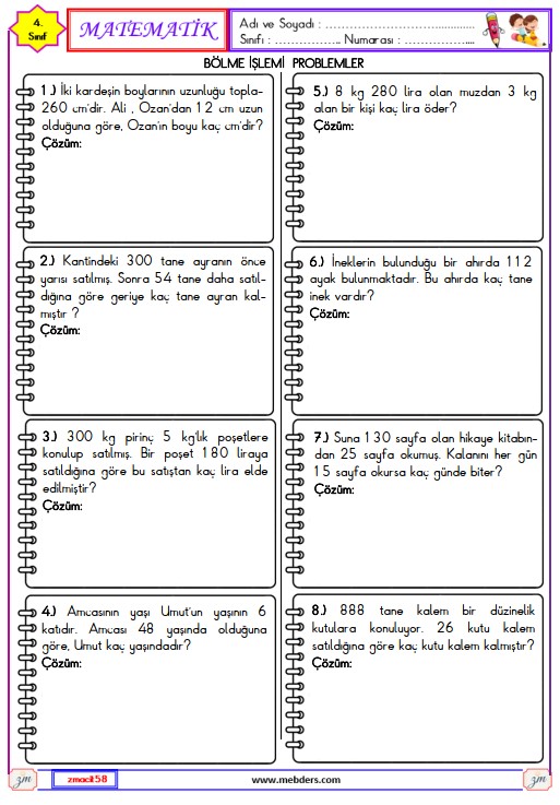 4. Sınıf Matematik Bölme İşlemi Problemler Etkinliği 4