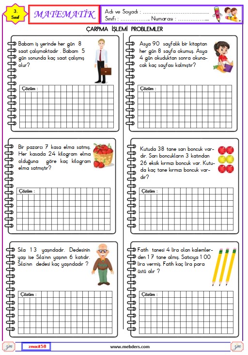 3. Sınıf Matematik Çarpma İşlemi Problemleri Etkinliği 1