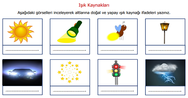 3.Sınıf Fen Bilimler Işık Kaynakları Etkinliği 1