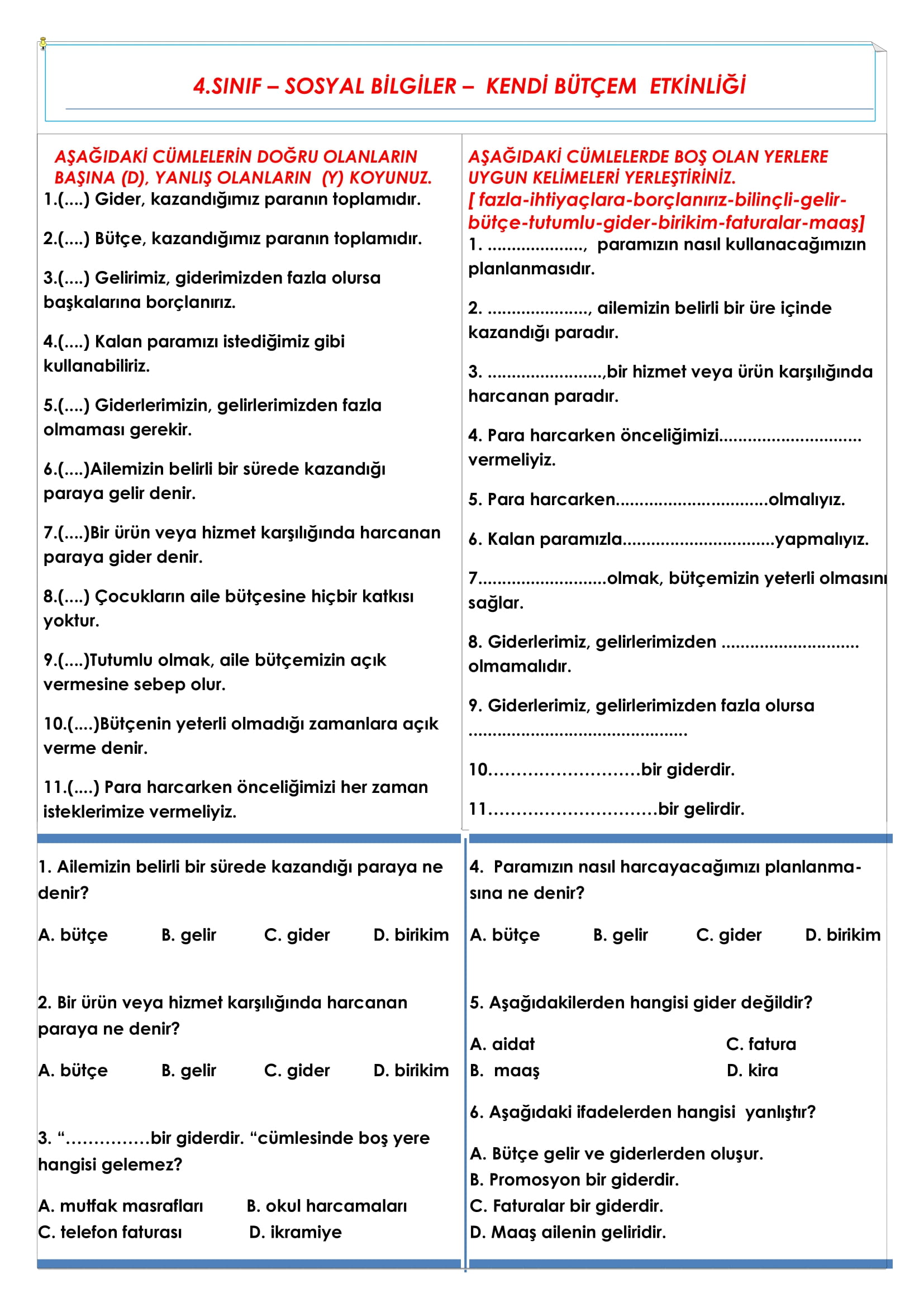 4.Sınıf Sosyal Bilgiler Kendi Bütçem Etkinliği