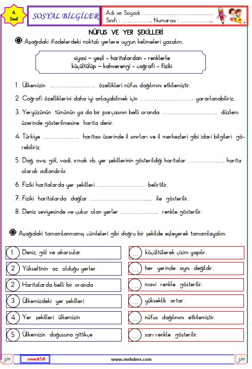 4. Sınıf Sosyal Bilgiler Nüfus ve Yer Şekilleri Etkinliği