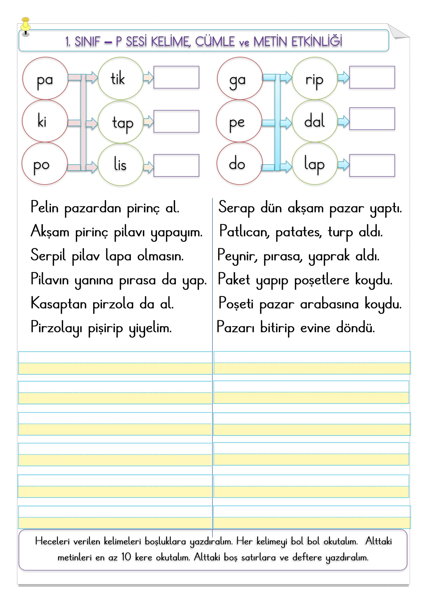 1.Sınıf  P sesi kelime, cümle ve metin etkinliği