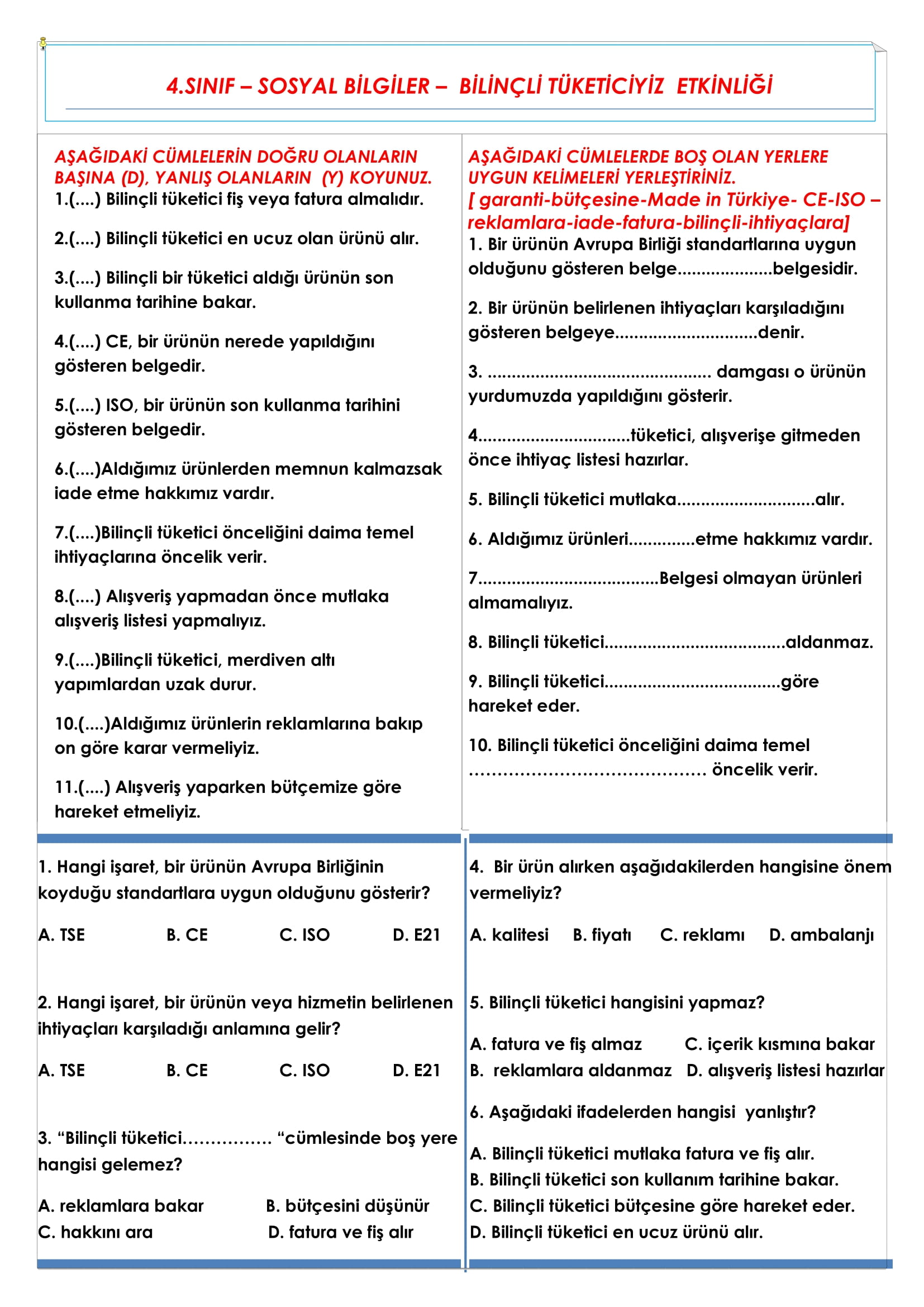 4.Sınıf Sosyal Bilgiler Bilinçli Tüketiciyiz Etkinliği