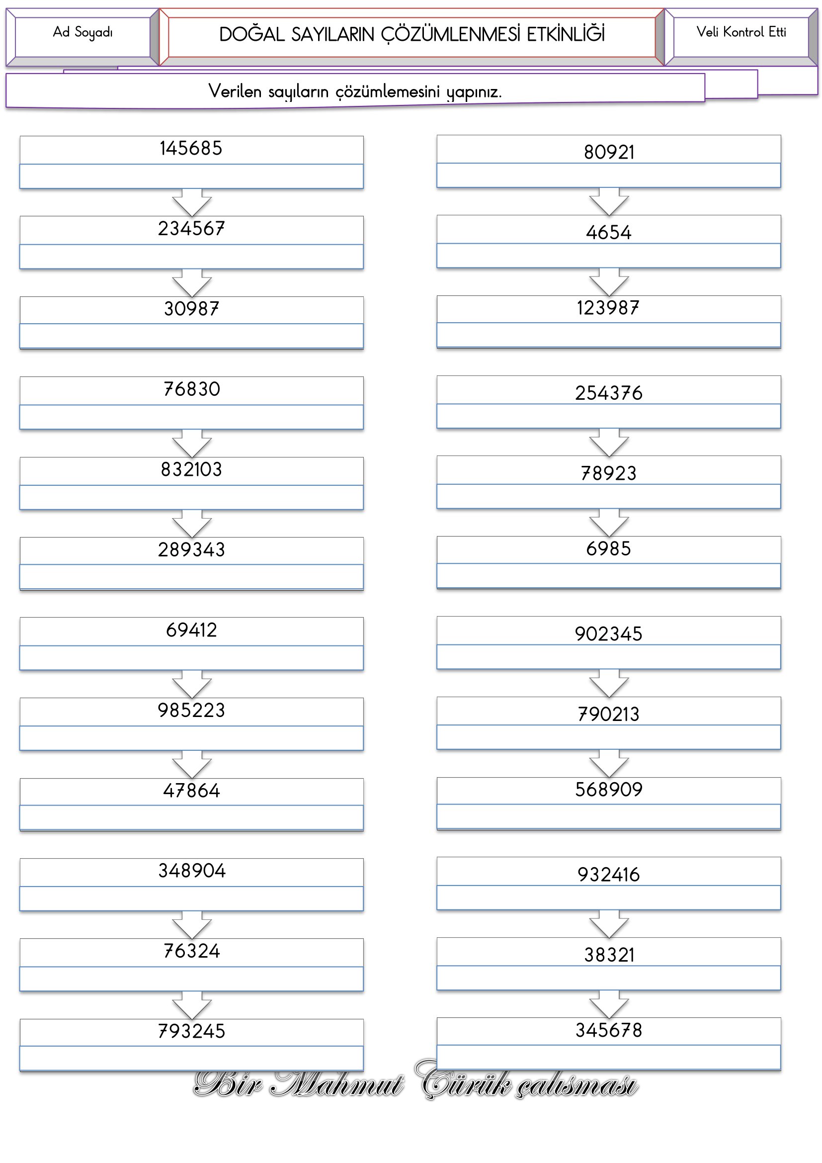 4.Sınıf Matematik 4.5.6. Basamaklı Sayıların Çözümlenmesi Etkinliği