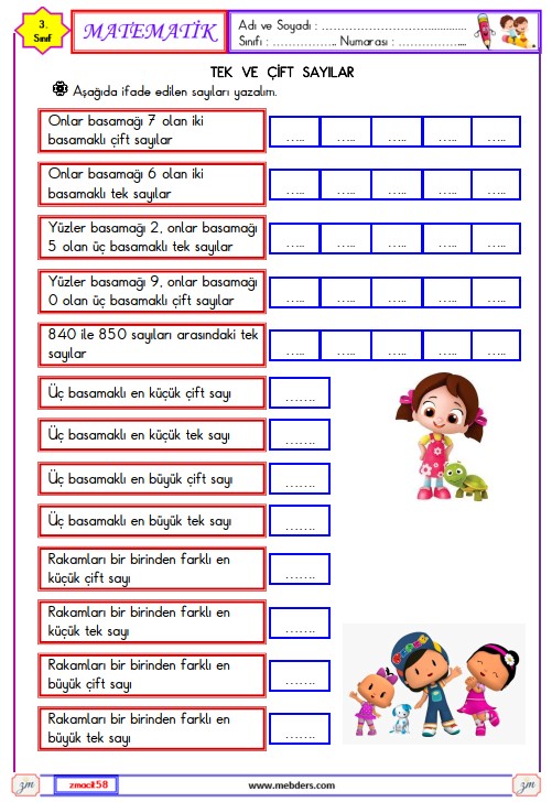 3. Sınıf Matematik Tek ve Çift Sayılar Etkinliği 3