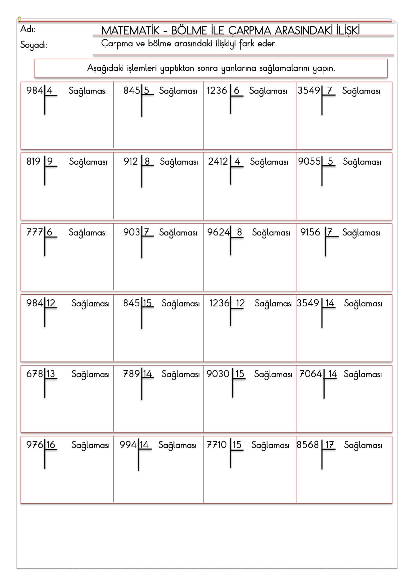 4.Sınıf - Matematik Bölme ile Çarpma Arasındaki İlişki Etkinliği