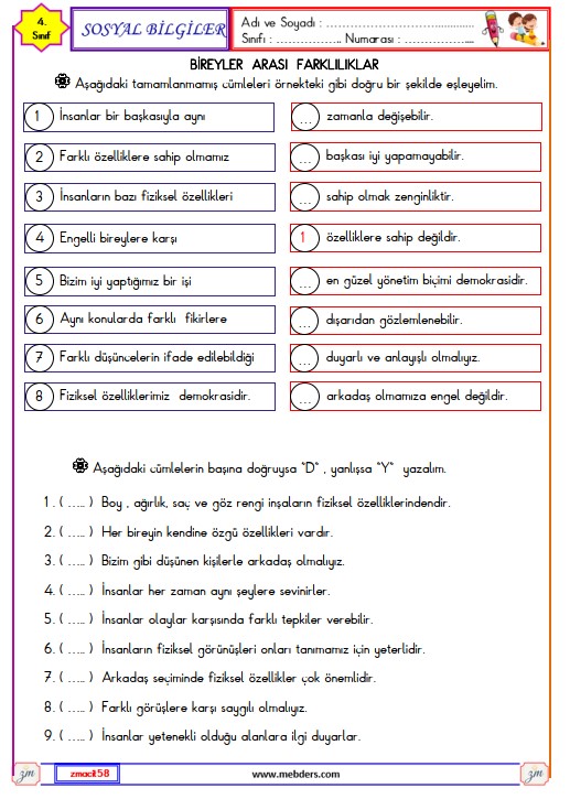 4. Sınıf Sosyal Bireyler Arası Farklılıklar Etkinliği