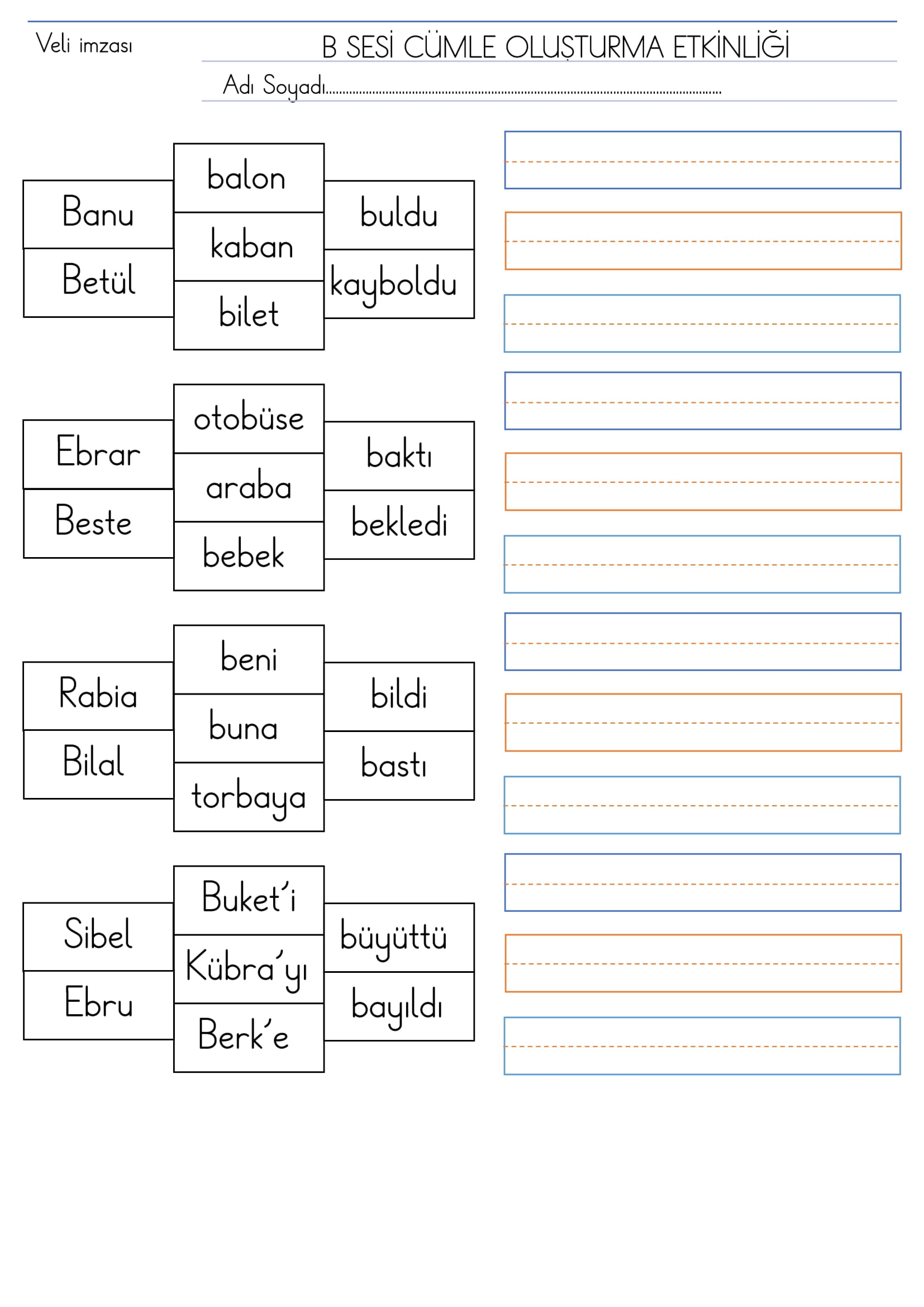 1. Sınıf İlk Okuma Yazma B Sesi Cümle Oluşturma Etkinliği