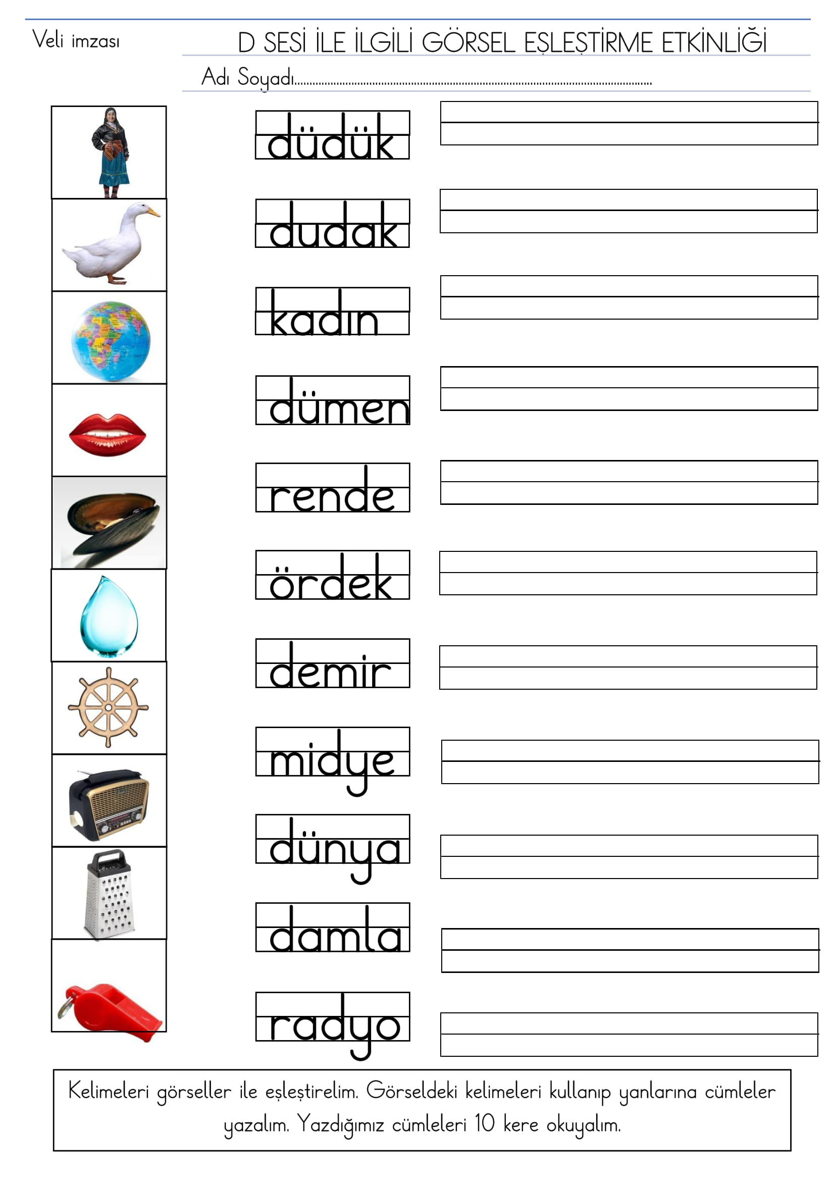 1.Sınıf İlk Okuma Yazma D sesi Görsel Eşleştirme Etkinliği