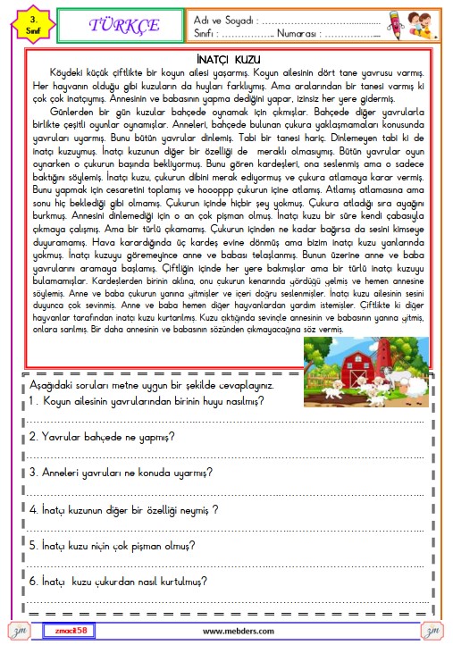 3. Sınıf Türkçe Okuma ve Anlama Metni Etkinliği (İnatçı Kuzu)