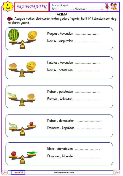 1. Sınıf Matematik Tartma Etkinliği 1