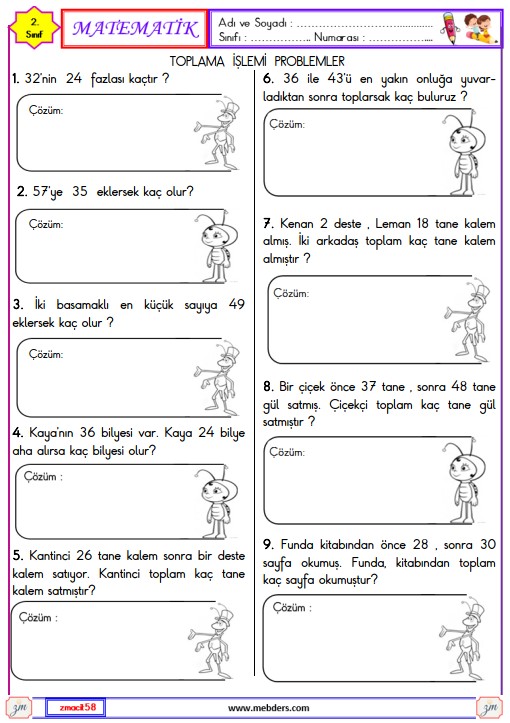 2. Sınıf Matematik Toplama İşlemi Problemleri Etkinliği 2