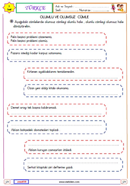 3. Sınıf Türkçe Olumlu ve Olumsuz Cümle Etkinliği 5