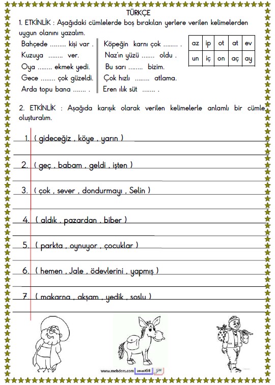 1. Sınıf Türkçe Boşluk Doldurma ve Cümle Oluşturma Etkinliği 10