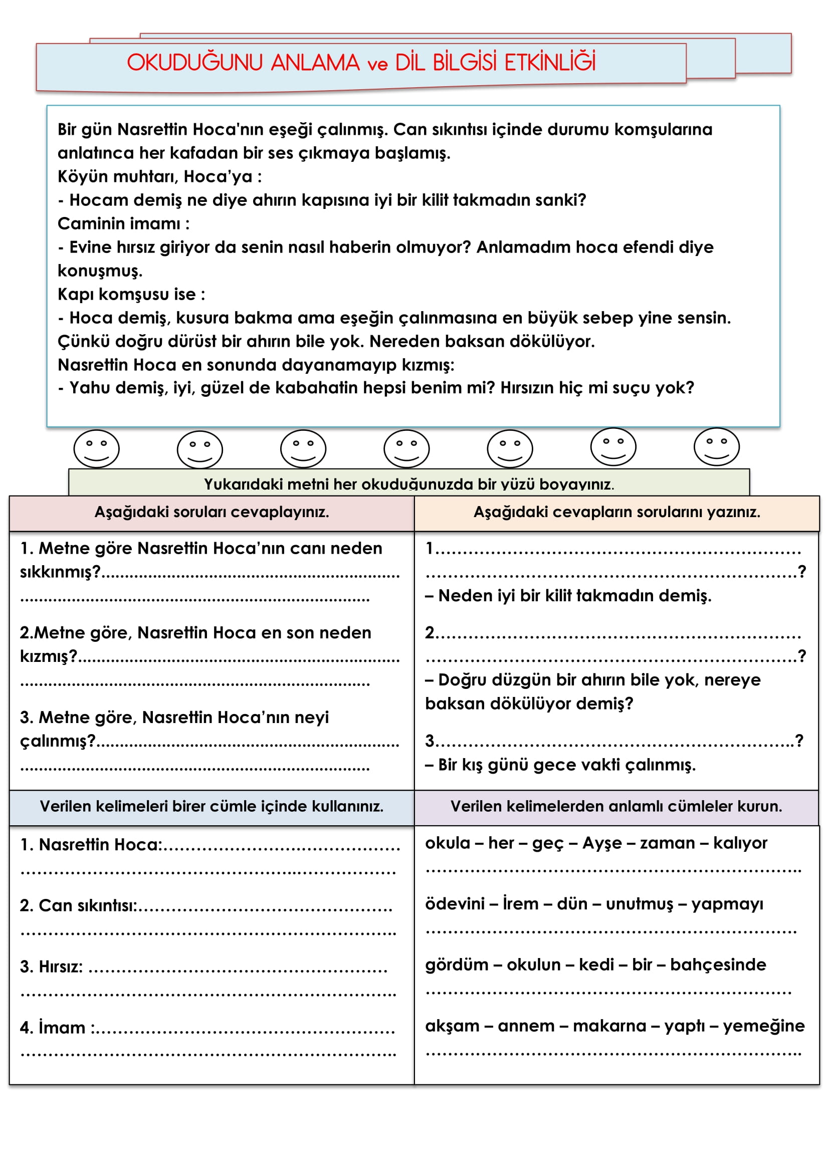 2.Sınıf Türkçe Okuduğunu Anlama ve Dil Bilgisi Etkinliği