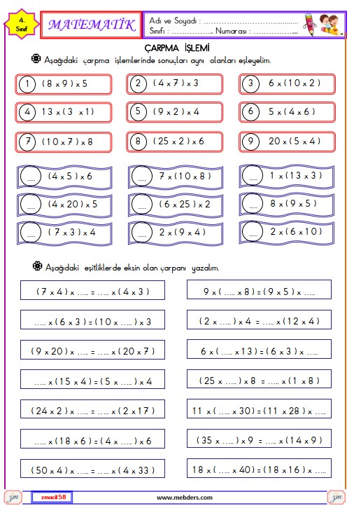 4. Sınıf Matematik Çarpma İşlemi Etkinliği 3