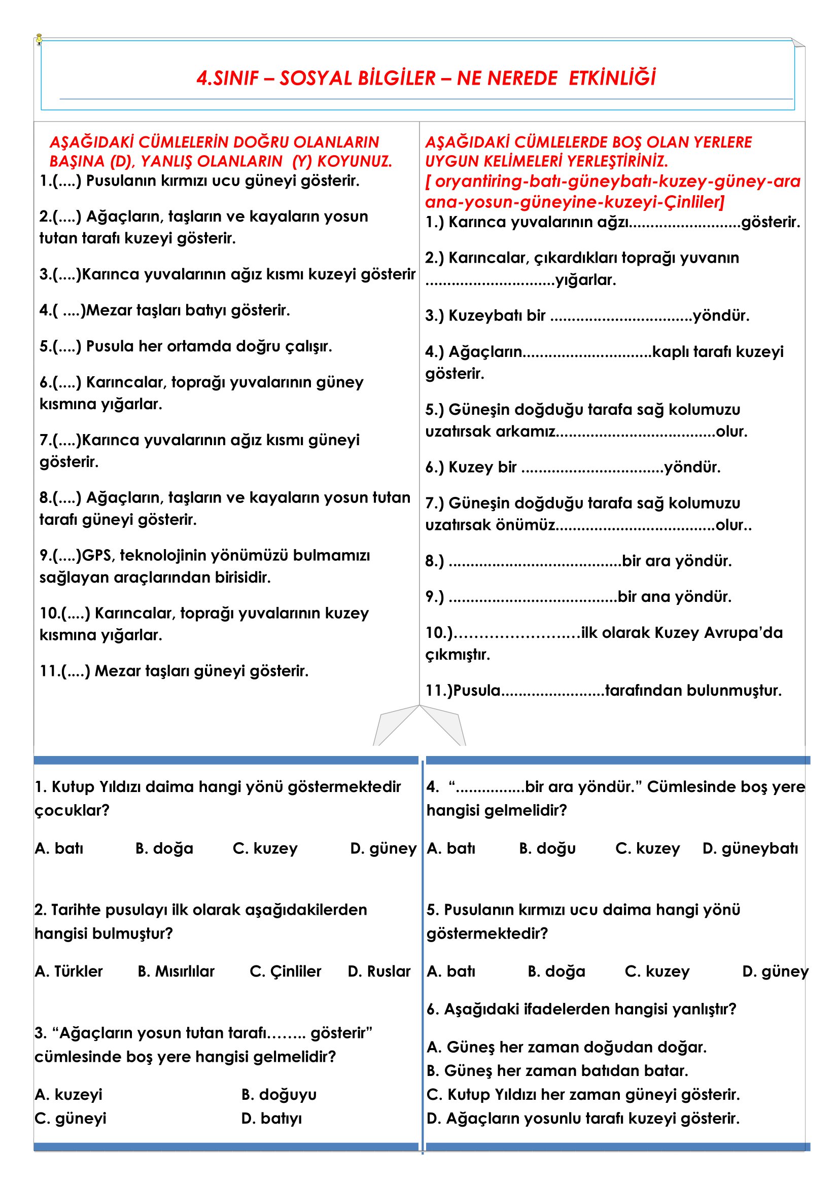 4.Sınıf - Sosyal Bilgiler - Ne Nerede Etkinliği