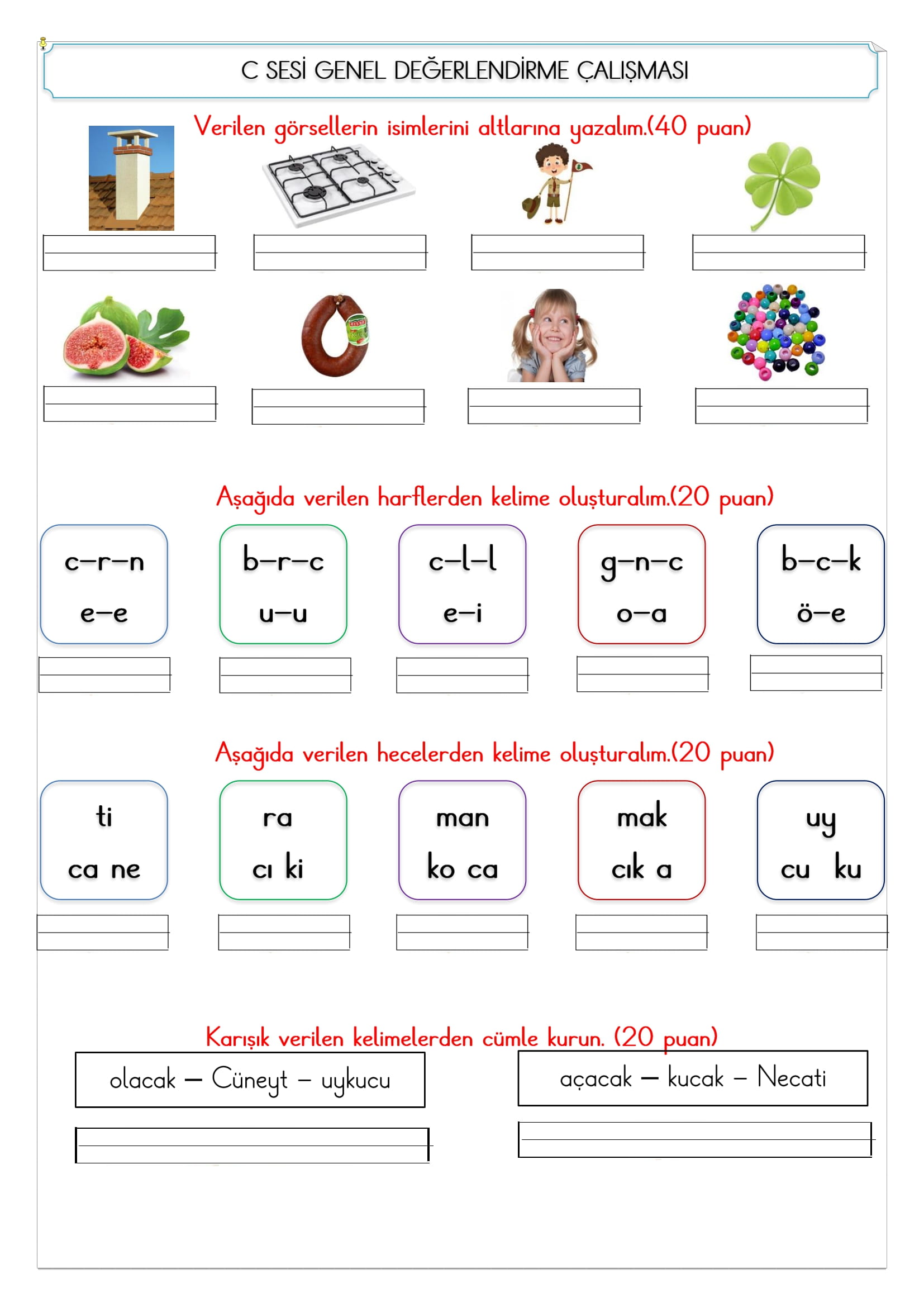 1.Sınıf İlk Okuma Yazma C Sesi Değerlendirme Çalışması 2