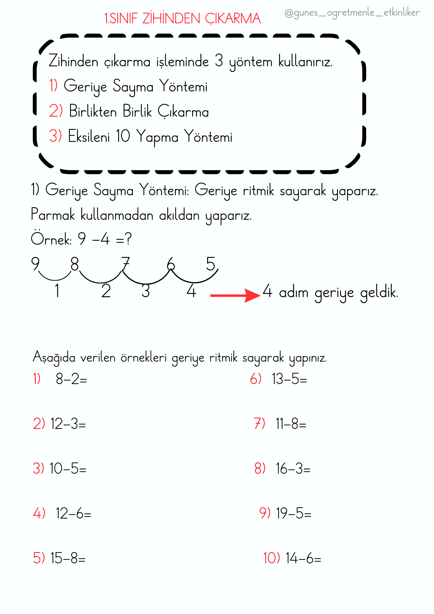 1.Sınıf  Matematik Zihinden Çıkarma