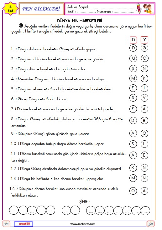 4. Sınıf Fen Bilimleri Dünya'nın Hareketleri Etkinliği 3