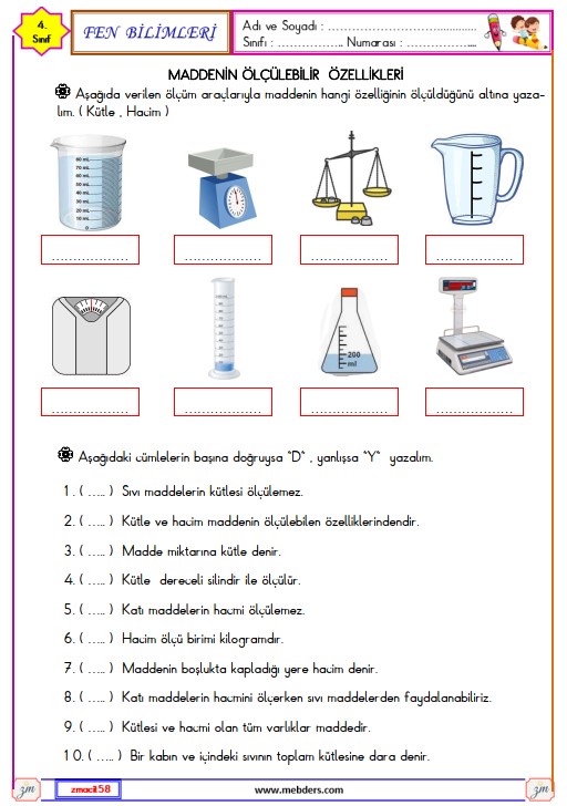 4. Sınıf Fen Bilimleri Maddenin Ölçülebilir Özellikleri Etkinliği