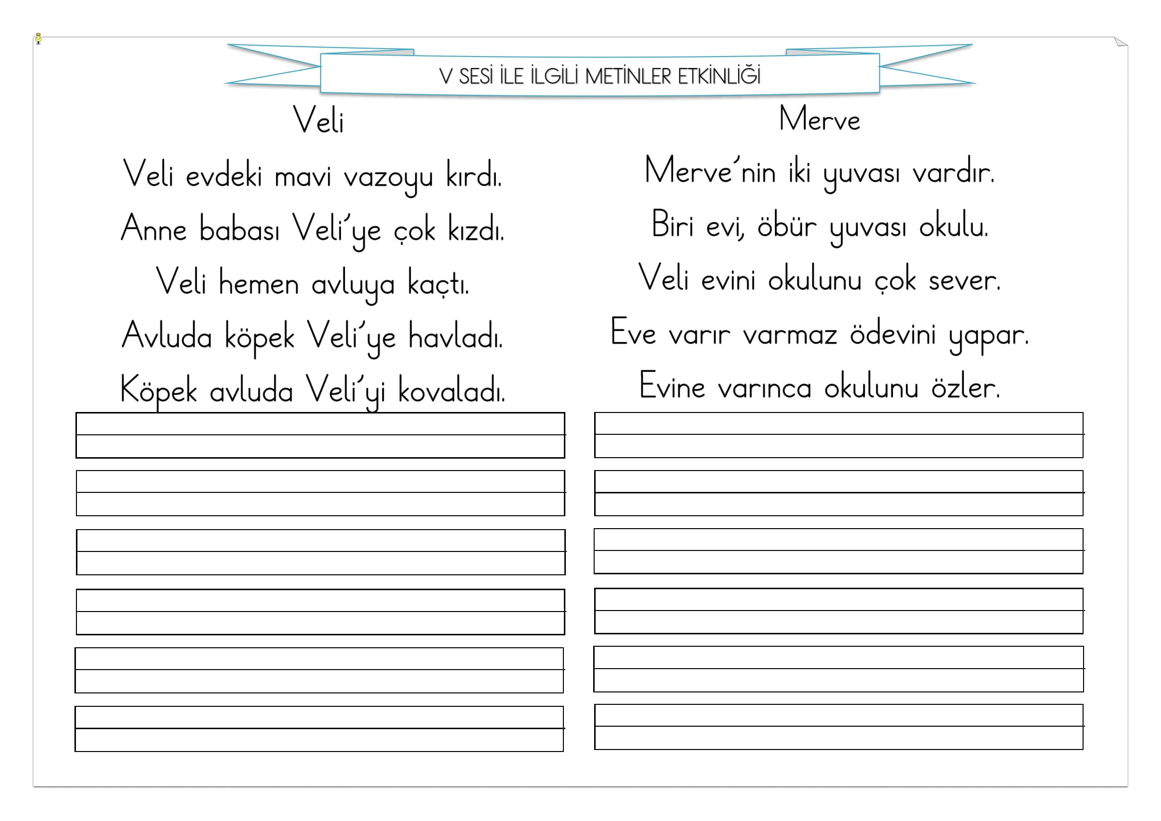 1.Sınıf İlk Okuma Yazma V Sesi Metinler Etkinliği