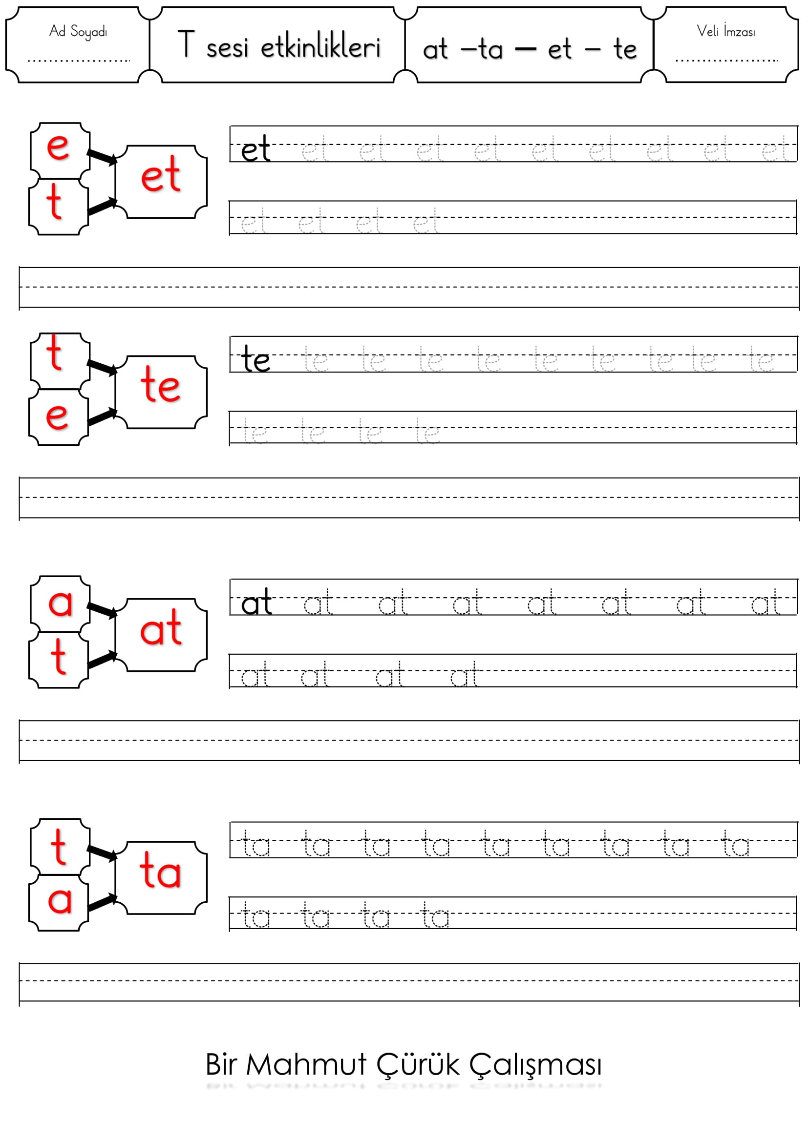 1.Sınıf İlk Oluma Yazma T-t Sesi at - ta - et - te etkinliği
