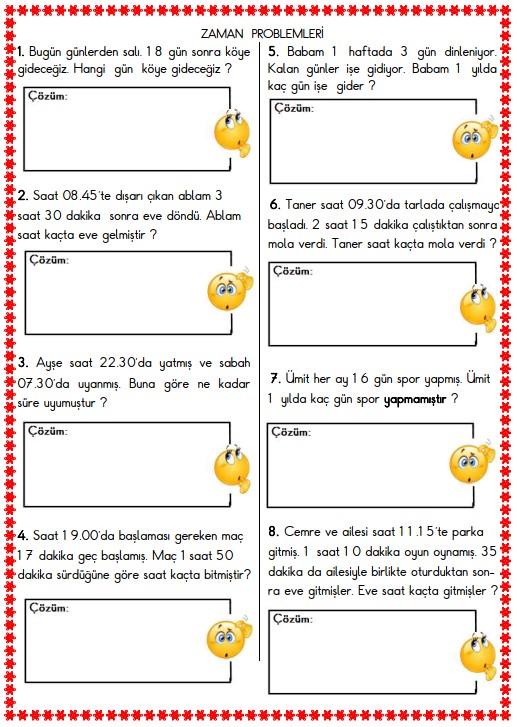 3. Sınıf Matematik Zaman Problemleri Etkinliği 10